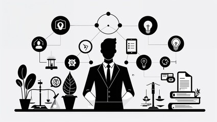 A non binary energy consultant in Black characters and objects on a white background