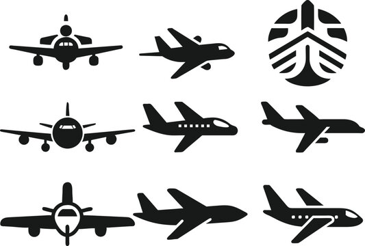 A set of simple, black silhouette airplane icons in various views (front, side, top).