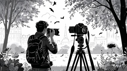 A photographer taking pictures in a park in Black characters and objects on a white background