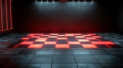 Red neon checkered floor in dark room.