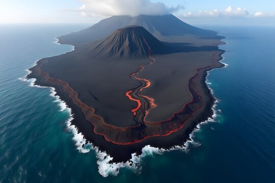 A volcanic island with black sand beaches and rivers of cooling lava meeting the ocean. - Powered by Adobe