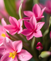 Fototapeta premium Beautiful pink flowers blooming in a vibrant arrangement with dewdrops, showcasing nature's delicate artistry in soft morning light