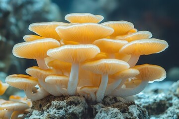 Colorful mushrooms grow on stones in clear water