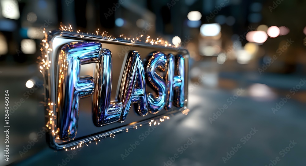 Poster glowing neon flash text with sparkles and bokeh lights on blurred urban night background, modern ill