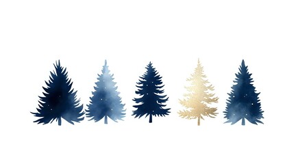 Fototapeta premium Minimalist winter forest landscape with navy blue and gold spruce tree silhouettes arranged in row creating modern nordic style composition.