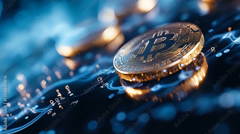 Poster cryptocurrency coins on circuit board with blue technology glow, macro view showing digital currency