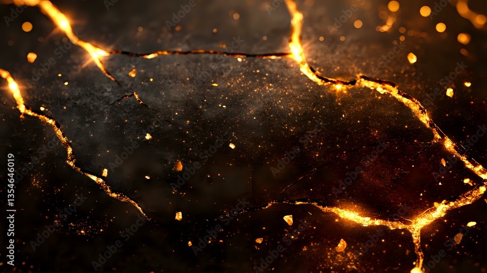 Poster glowing golden cracks on dark textured surface with floating particles and bokeh effects create dram