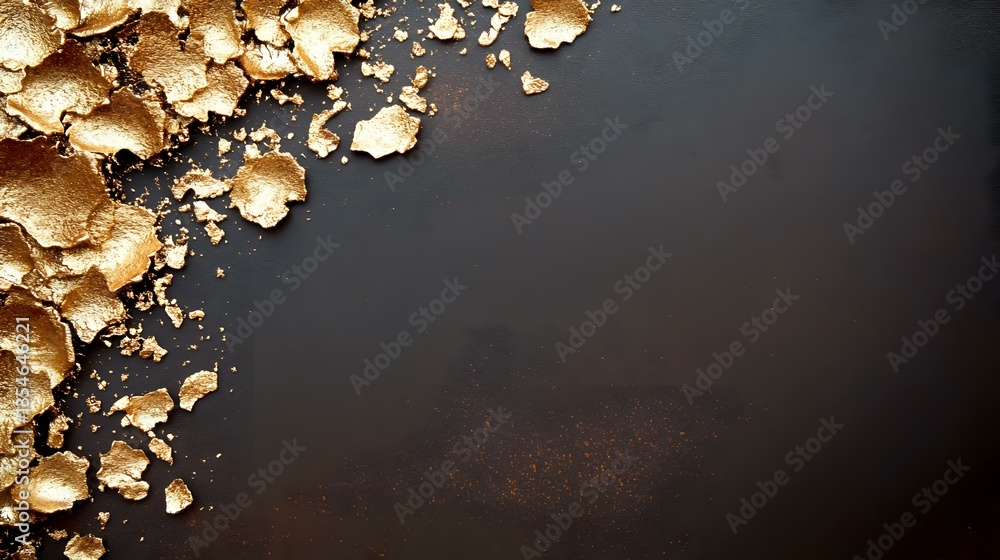 Poster scattered gold leaf flakes and metallic fragments on dark textured background create luxurious compo