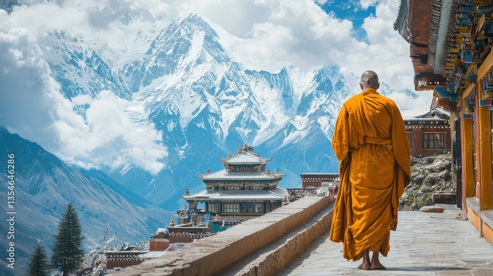 Poster a breathtaking view of the himalayas with a monk in the foreground.