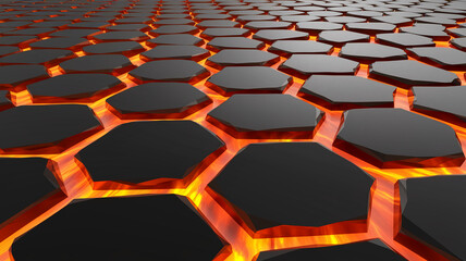 Obraz premium Abstract image of dark, hexagonal shapes with glowing orange fissures between them, creating a texture reminiscent of molten rock or a cracked surface, showcasing intensity and power