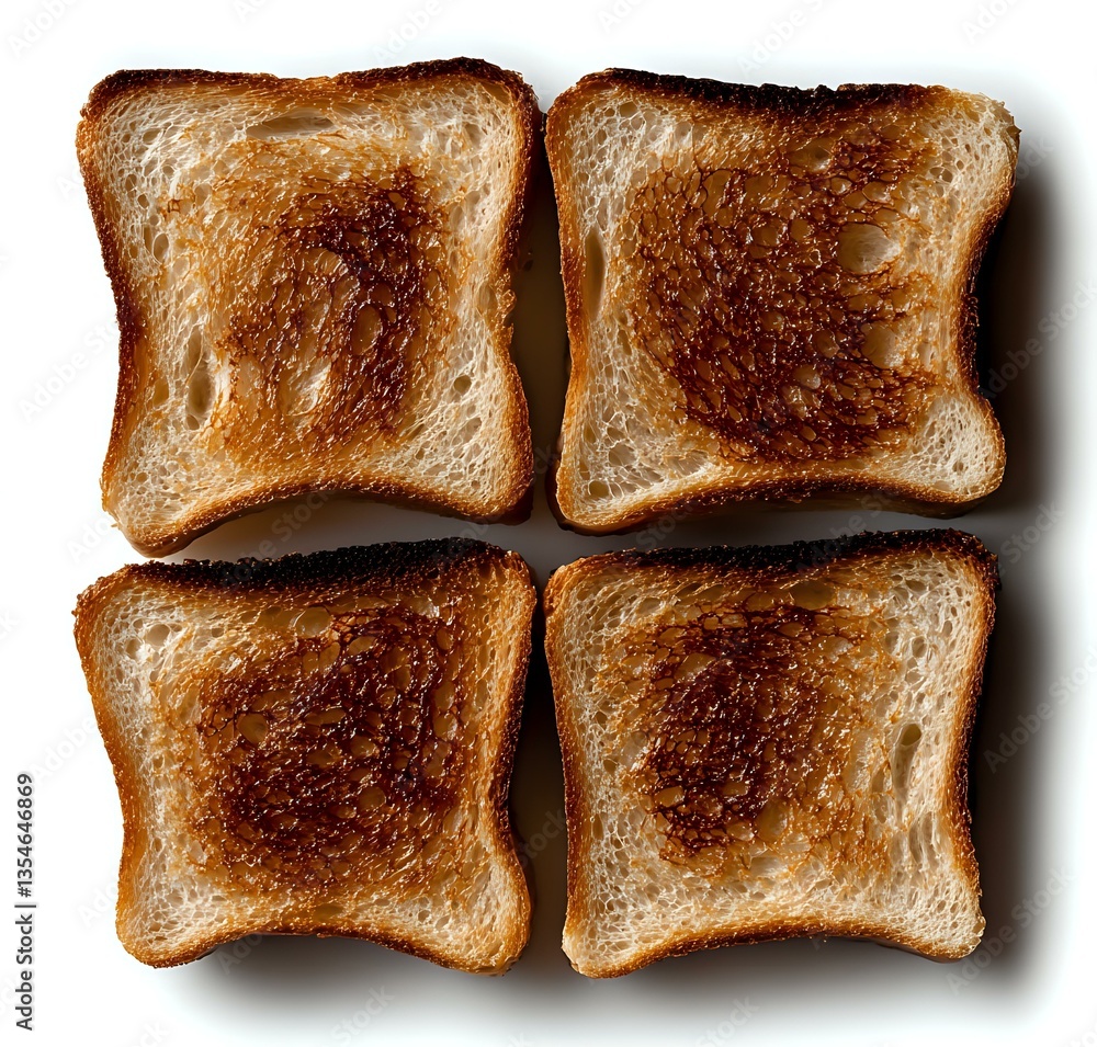 Poster four square pieces of golden-brown toast arranged symmetrically on white background, showing varying