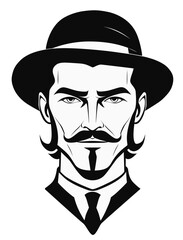 Man with medium hair, low crown derby hat and moustache, in the style of the 1990s. Turn of the century style.