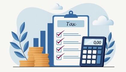Clean and simple tax calculation illustration featuring a checklist, calculator, and coins on a pastel background