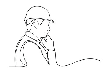 Contemplative Engineer OneLine Drawing, Hard Hat, Problem Solving