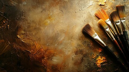 A bright, inviting layout of paint tubes, brushes, and a well-used palette on a textured canvas backdrop, illuminated by diffused studio light to enhance subtle details.