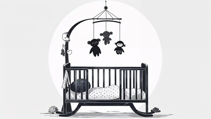 A baby crib with a mobile hanging above in Black characters and objects on a white background