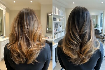 Brunette to caramel balayage hair transformation shown in before and after photos, displaying professional salon results with soft waves and dimensional color technique.