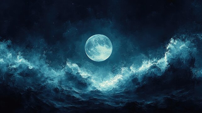 Full moon over dark clouds at night, mystical scene, fantasy background
