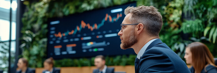 Business meeting with professionals discussing financial data in modern office setting. atmosphere is focused and collaborative, with greenery enhancing environment