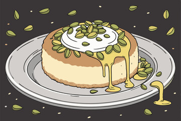6 Middle Eastern dessert, kunefe, round pastry, green pistachio topping, melted cheese center, silver platter, honey syrup, pistachios scattered, matcha powder, dark moody background, food photography