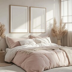 Calm bedroom interior with blush bedding, pampas grass, and empty frames.