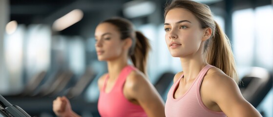 Fototapeta premium Pink Tank Top Woman Crushing Treadmill Workout Modern Gym Center For Healthy Living Wellbeing Top Fitness Focus On Two Women In Active Gear