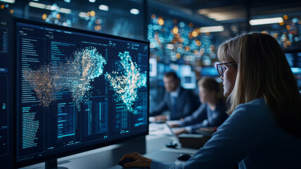 Data analyst working on computer screen displaying data visualization and analytics in modern office environment. atmosphere is focused and collaborative