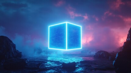Glowing Neon Cube in Surreal Landscape with Mist and Dramatic Clouds at Dusk