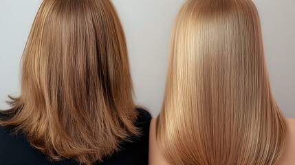 Fototapeta premium Comparison of damaged and healthy blonde hair showing split ends versus smooth, straight styled result after professional hair treatment and care.