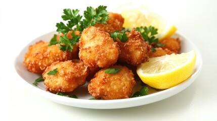 Fototapeta premium A plate of golden brown breaded fried cutlets garnished with fresh parsley rests on a rustic wooden table.