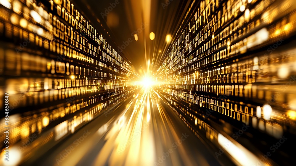 Aufkleber abstract digital tunnel with golden light burst and binary code data stream effect, glowing technolo