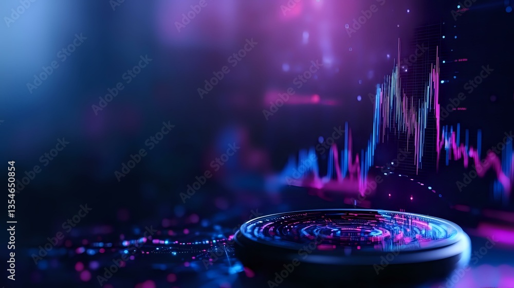 Poster futuristic circular platform with glowing neon ripples against dark background with vibrant pink and