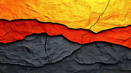Abstract layered rock formations in vibrant colors.  Textured layers of orange, red, and dark gray rock, suggestive of geological strata or a stylized landscape.  