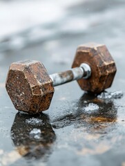 Rusty Dumbbell On Wet Surface Hexagonal Weight, Silver Handle, Overcast Reflection, Ice Water, Showing Weathered Weight In Outdoor Workout Context