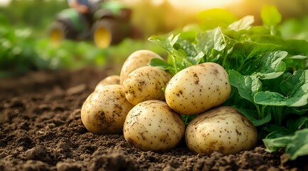 Fresh harvested potatoes lying on fertile soil with green leaves in garden, natural organic vegetables in warm sunlight, farm produce background.