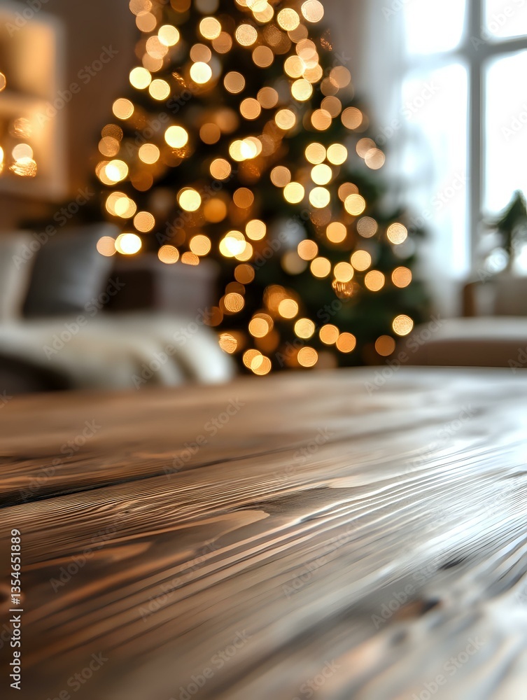 Poster wooden table surface in foreground with blurred christmas tree lights creating magical bokeh effect 