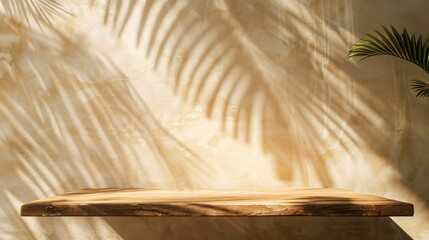 Blank brown wooden counter table in soft sunlight, leaf shadow on beige cream fabric texture wall