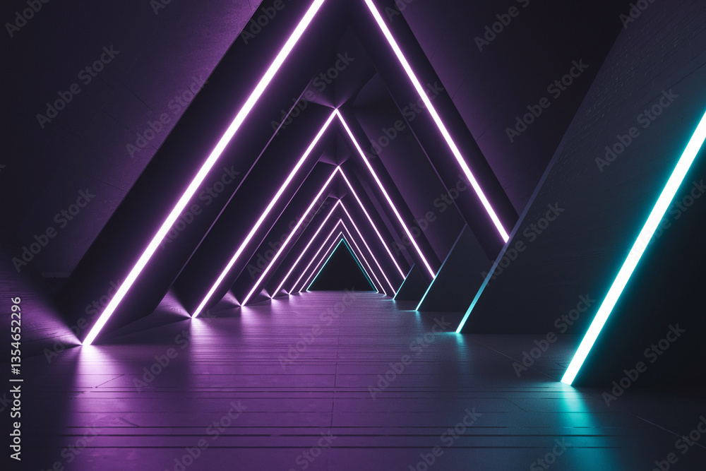 Aufkleber abstract image of a dark tunnel with vibrant purple and teal neon lights forming triangular shapes, 
