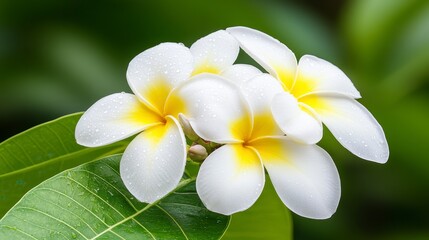 White Plumeria Flowers with Dew Drops Close Up