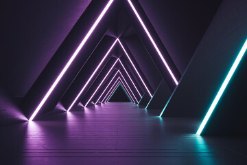 Fototapeta premium Abstract image of a dark tunnel with vibrant purple and teal neon lights forming triangular shapes, creating a futuristic and modern atmosphere, suitable for technology or sci-fi concepts