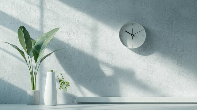 A clean and balanced composition featuring a single sculptural vase, a minimalist clock, and a small potted plant on a plain backdrop, highlighted by soft