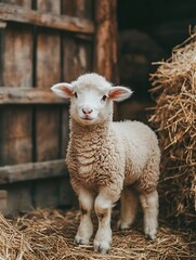 Fototapeta premium A fluffy lamb standing in a barn looks friendly