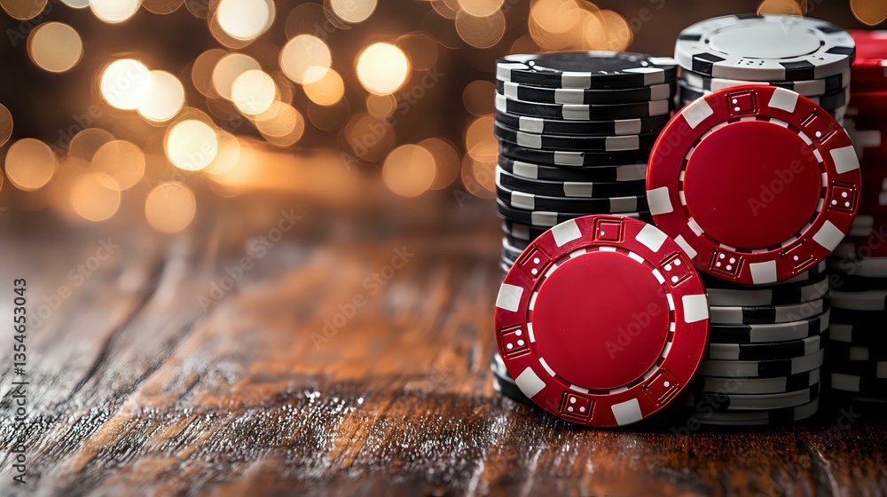 Aufkleber stacked poker chips in red and black on rustic wooden table with warm glowing bokeh lights creating 
