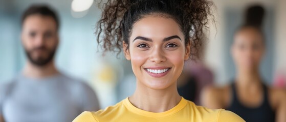 Smiling Women Tan Skin And Curly Brown Hair Shine In Yellow Crew Neck, Posing In Studio Beside Man At Gym For Glowing Look