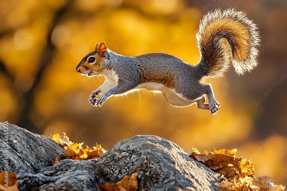 Poster grey squirrel leaping between rocks with autumn foliage and golden bokeh background, captured mid-ju