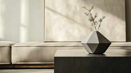 A close-up of a modern coffee table with a single geometric vase and a neutral-toned background, emphasizing clean lines.