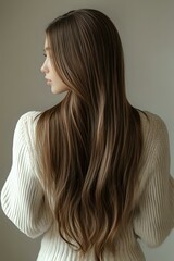 Fototapeta premium Young woman with long straight brown hair in profile view wearing white knit sweater against neutral background. Natural beauty and haircare concept.
