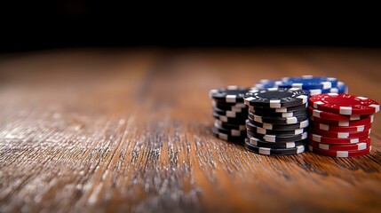 Naklejka premium Stacked poker chips in black, blue and red on rustic wooden table with dramatic lighting and shallow depth of field, creating atmospheric gambling scene.