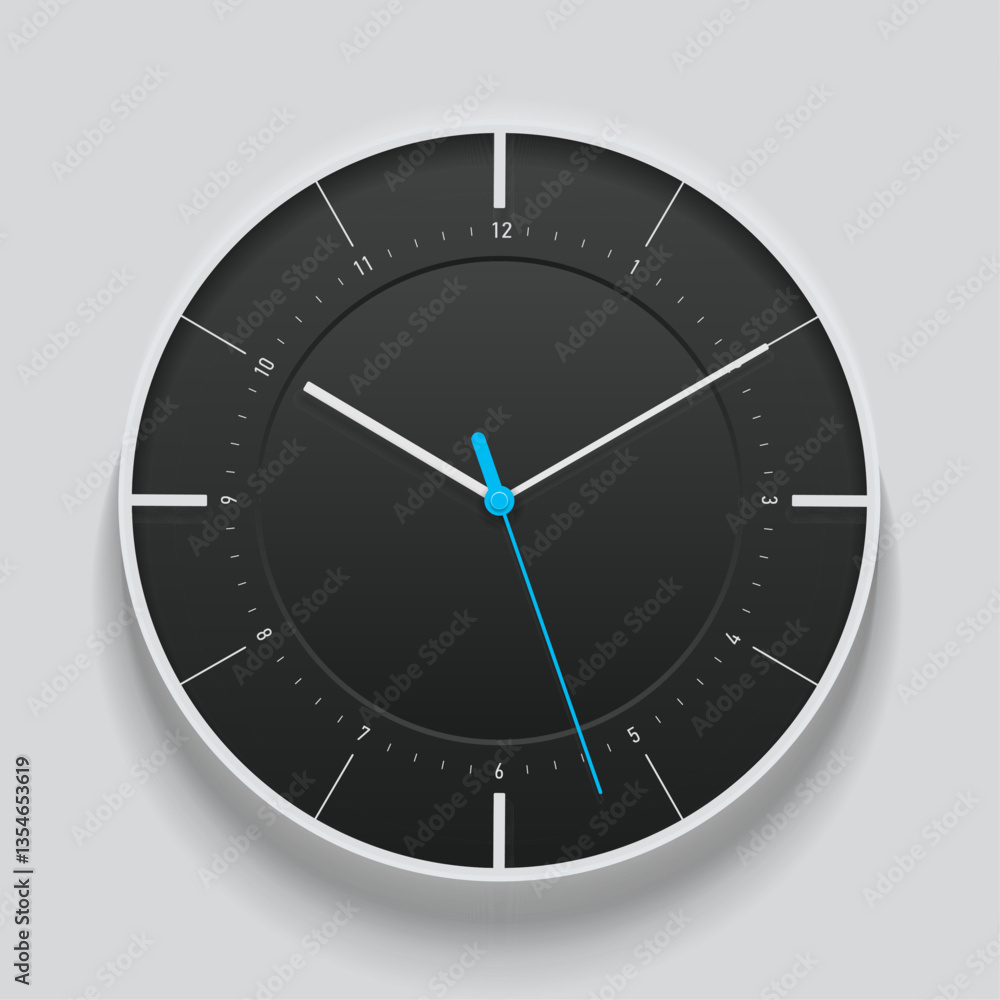 Poster creative black clock in realistic flat style, with color arrow and numbers. watch on white backgroun