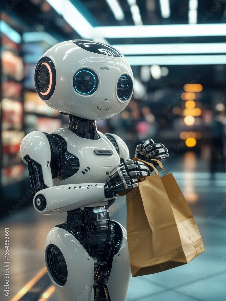 Aufkleber futuristic delivery robot hands over grocery bag in a modern cyberpunk environment with smooth light
